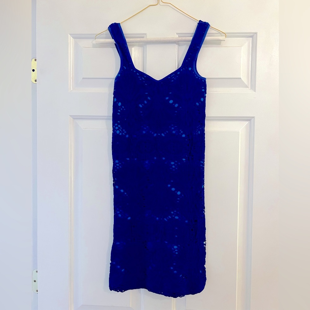 Free People Intimately body con dress—purple lace overlay with bright blue slip